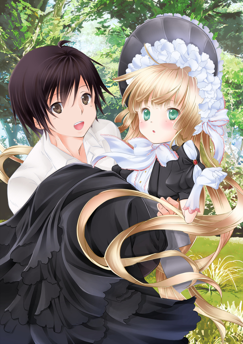 1girl amano_sakuya blonde_hair bonnet brown_eyes brown_hair carrying chin_strap colorized day dress frills gloves gosick gothic_lolita grass green_eyes hairband highres kujou_kazuya lolita_fashion long_hair looking_at_viewer open_mouth outdoors parted_lips princess_carry ribbon short_hair tree tsuruoka_masayoshi_to_junjou_romantica_2 very_long_hair victorica_de_blois