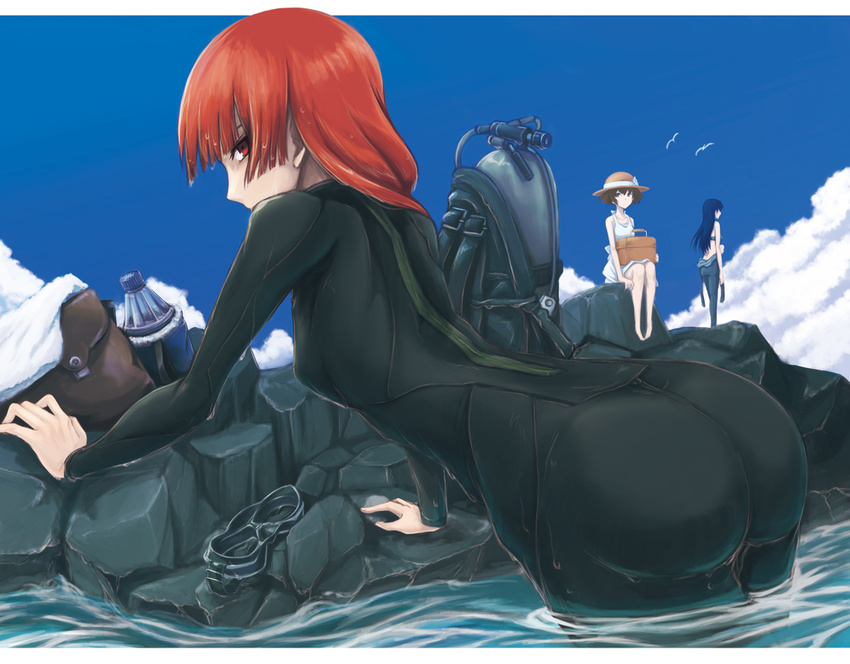 1boy 2girls akizuki_ryou ass bag bare_shoulders basket blue_eyes blue_hair bodysuit bra breasts brown_eyes brown_hair diving_suit dress from_behind goggles hat idolmaster kisaragi_chihaya long_hair looking_at_viewer looking_back multiple_girls ocean red_eyes red_hair rock scuba scuba_gear scuba_tank short_hair sideboob tougouji_reika towel trap underwear wet wetsuit