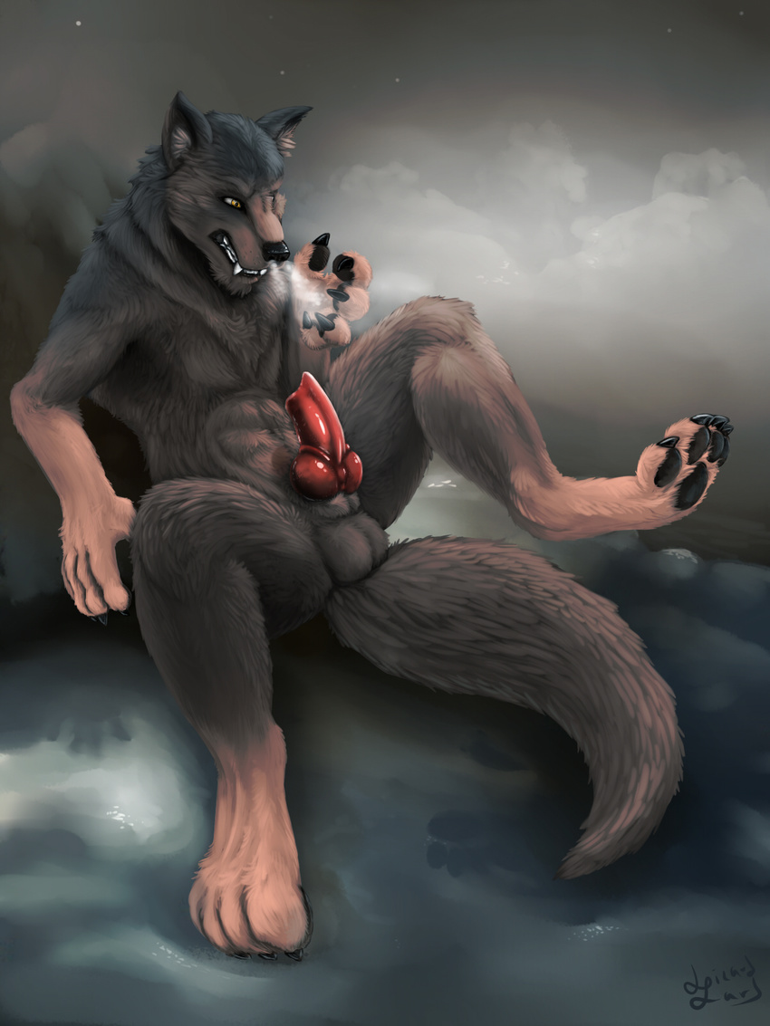 2014 anthro balls canine claws erection fur knot lizardlars male mammal nude pawpads penis solo spread_legs spreading steam teeth were werewolf wolf yellow_eyes