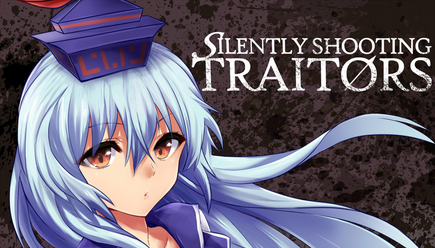 blue_hair circle_name collarbone cover eyelashes hat highres kamishirasawa_keine lips long_hair looking_at_viewer orange_eyes parted_lips shuuhei_(shoohey) solo text_focus touhou upper_body