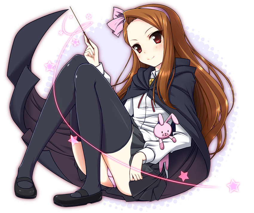 black_legwear brown_hair bunny cape cosplay hairband idolmaster idolmaster_(classic) kugimiya_rie long_hair looking_at_viewer louise_francoise_le_blanc_de_la_valliere louise_francoise_le_blanc_de_la_valliere_(cosplay) mary_janes minase_iori oomugi_genmai panties pantyshot pantyshot_(sitting) pink_panties red_eyes seiyuu_connection shoes sitting smile solo star stuffed_animal stuffed_bunny stuffed_toy thighhighs underwear wand zero_no_tsukaima