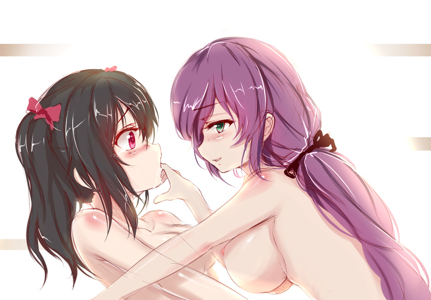 black_hair blush body_blush breasts finger_in_mouth green_eyes highres large_breasts long_hair looking_at_another love_live! love_live!_school_idol_project multiple_girls purple_hair red_eyes saliva sketch small_breasts toujou_nozomi twintails yazawa_nico yuri zheyi_parker