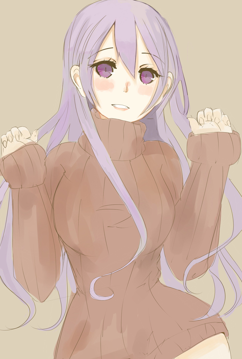 atelier_(series) blush breasts contrapposto drawfag highres large_breasts long_hair naked_sweater pamela_ibiss purple_eyes purple_hair ribbed_sweater smile solo standing sweater turtleneck