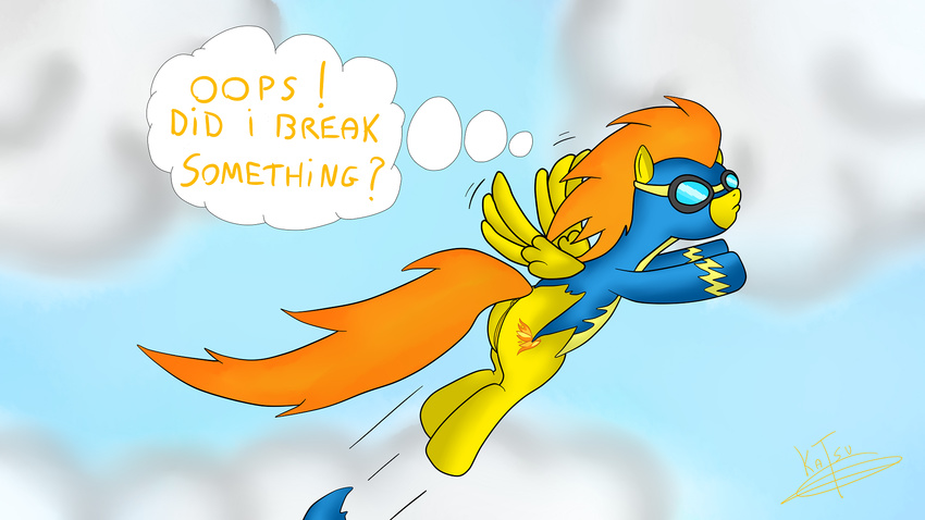 anus clitoris clothing cloud cutie_mark equine eyewear feathers female flying friendship_is_magic fur goggles hair hi_res hooves horse katsu mammal my_little_pony orange_hair outside pegasus pony pussy solo spitfire_(mlp) text thought_bubble torn_clothing uniform wings wonderbolts_(mlp) yellow_fur