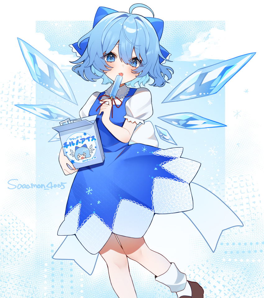 1girl absurdres ahoge back_bow blue_bow blue_dress blue_eyes blue_hair blush bow brown_shoes character_print cirno collared_shirt commentary detached_wings dress food hair_bow highres holding holding_food holding_popsicle ice ice_wings licking_food looking_at_viewer medium_hair neck_ribbon pinafore_dress popsicle red_ribbon ribbon samon_(vxxr8575) shirt shoes sleeveless sleeveless_dress socks solo tongue tongue_out touhou translation_request twitter_username white_bow white_shirt white_socks wings