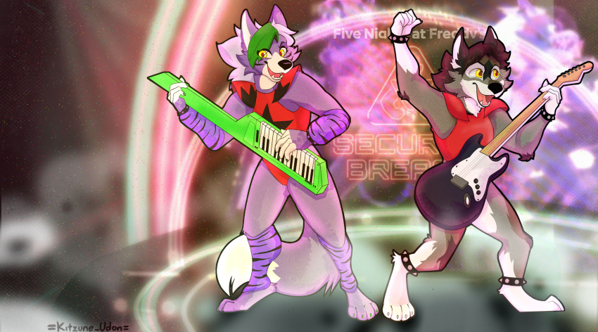 2022 absurd_res canid canine canis collar detailed_background duo electric_guitar female five_nights_at_freddy's five_nights_at_freddy's:_security_breach guitar hair hi_res kitsune_udon long_hair male male/female mammal multicolored_body musical_instrument plucked_string_instrument rock roxanne_wolf_(fnaf) scottgames spiked_collar spikes string_instrument vicente_(romeodog) video_games wolf yellow_eyes