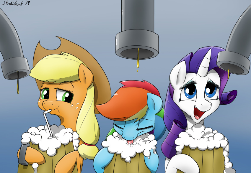 2019 applejack_(mlp) cider drinking equine female foam friendship_is_magic group horn horse mammal my_little_pony pony rainbow_dash_(mlp) rarity_(mlp) straw strebiskunk tap unicorn