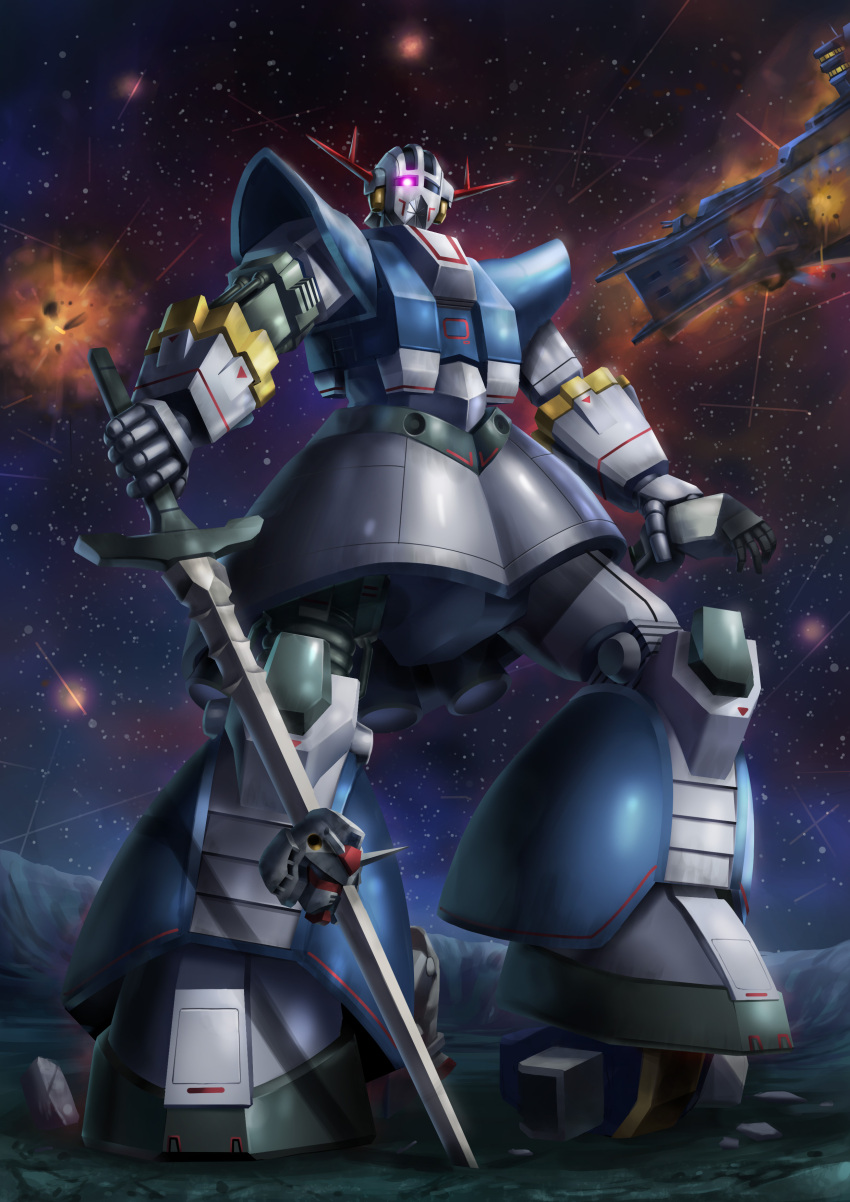 absurdres alternate_universe asteroid battle burning commentary_request damaged defeat destruction earth_federation explosion fleet gundam gundam_msv highres matsumoto_(ma_tsuya) mecha mecha_focus mobile_suit mobile_suit_gundam nebula no_humans one-eyed_mecha perfect_zeong plamo_kyoshiro purple_eyes realistic robot rx-78-2_gundam salamis_class science_fiction severed_head spacecraft star_(sky) sword v-fin war weapon wreckage zeon zeong
