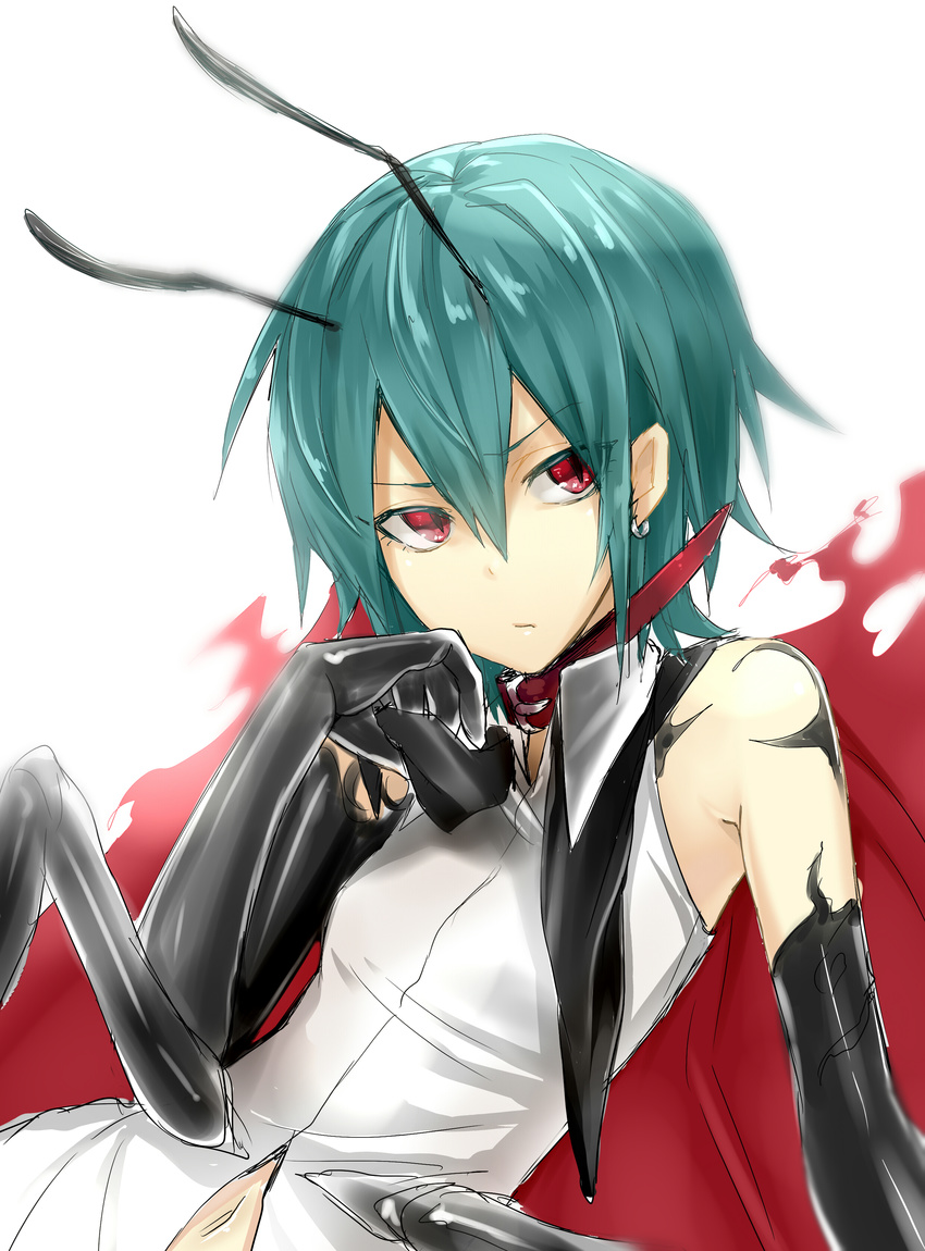 absurdres antennae bifrst black_gloves cape earrings elbow_gloves gloves green_hair highres jewelry latex latex_gloves looking_at_viewer navel older red_eyes shirt sketch sleeveless sleeveless_shirt solo touhou wriggle_nightbug