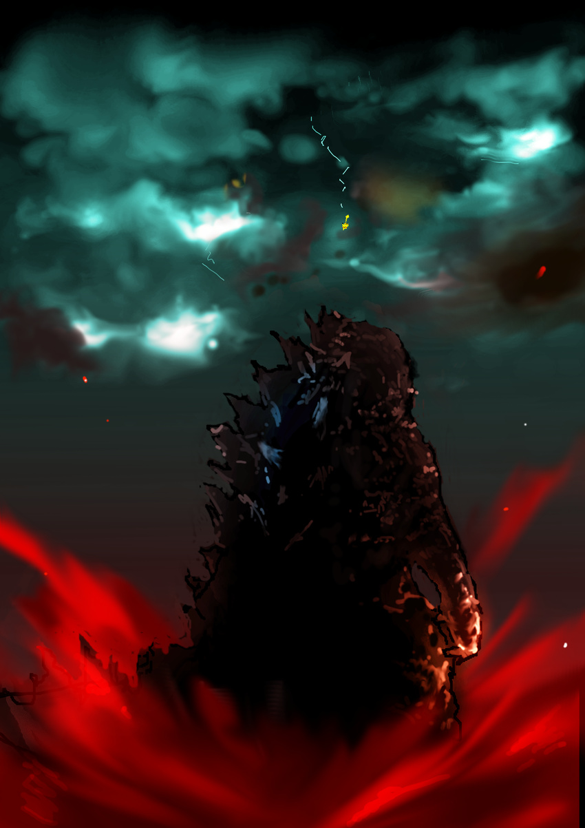 absurdres crossover dark_clouds electricity epic giant_monster godzilla godzilla_(series) highres lightning no_humans pikachu pokemon size_difference thunder