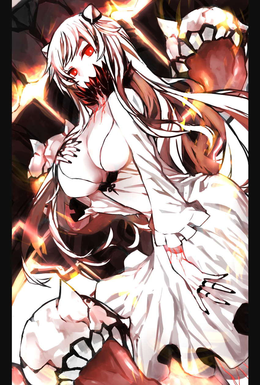 bad_id bad_pixiv_id black_nails breasts cleavage covered_mouth dress frilled_sleeves frills hand_on_breast highres horns kantai_collection large_breasts letterboxed long_hair long_sleeves mask midway_hime nail_polish nito_(shida) pale_skin red_eyes shinkaisei-kan solo teeth veins white_dress white_hair white_skin