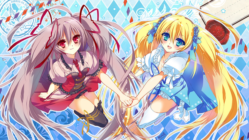 :d black_legwear blonde_hair blue_eyes bow breasts brown_hair from_above hair_bow hair_ornament hair_ribbon hayata_aya holding_hands long_hair looking_at_viewer looking_up medium_breasts multiple_girls open_mouth pleated_skirt red_eyes ribbon s.i.s.t.a.r.s:_kiss_of_trinity skirt smile thighhighs twintails white_legwear zettai_ryouiki