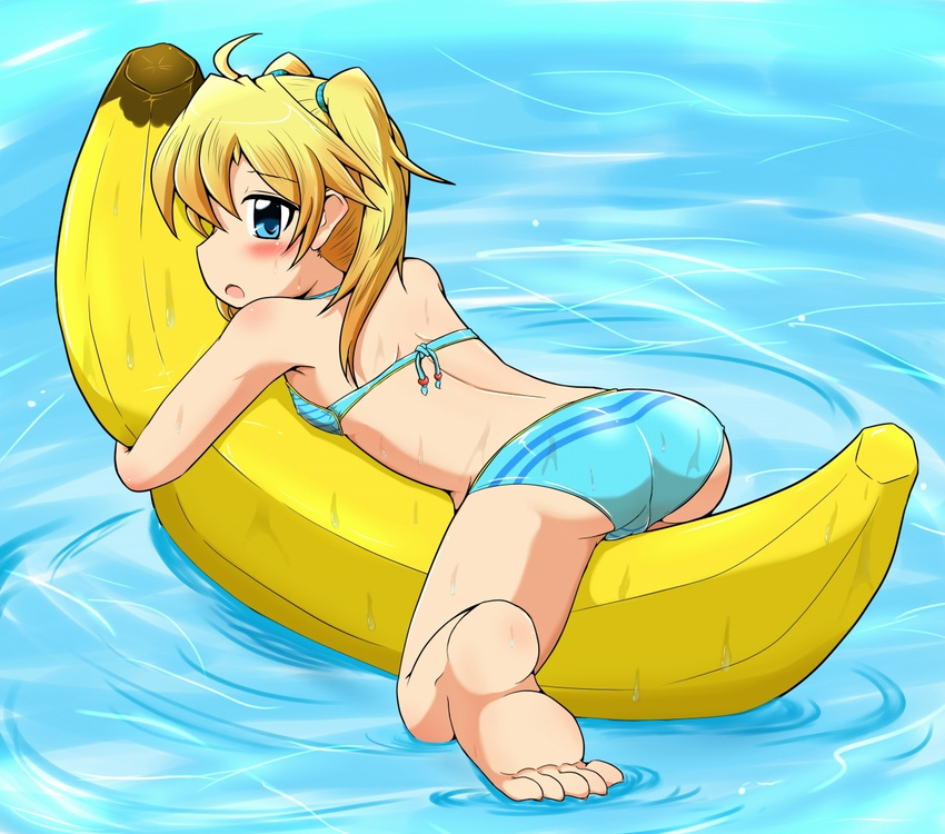 :o ahoge alternate_eye_color alternate_hair_color armpits ass back banana_boat bangs beads bikini blonde_hair blue_bikini blue_eyes blush body_blush breast_press breasts cameltoe fat_mons feet from_side full_body gunslinger_stratos hair_between_eyes hair_tie hug inflatable_toy looking_at_viewer looking_back lying object_hug on_stomach profile ripples senyou6060 shinou_matsurika small_breasts soles solo straddling striped striped_bikini surprised swimsuit twintails water wet