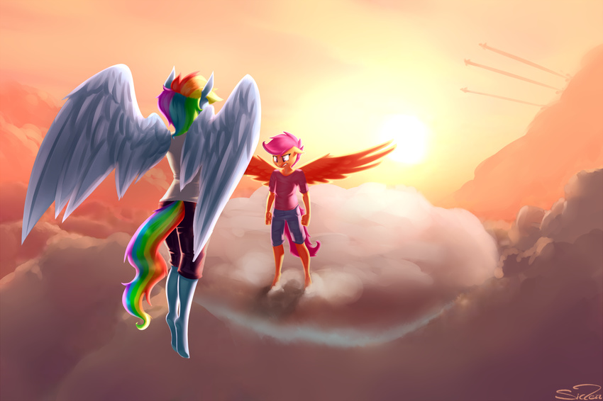 2014 anthro anthrofied clothing cloud duo equine female fling friendship_is_magic hair mammal multi-colored_hair my_little_pony outside pegasus purple_eyes purple_hair rainbow_dash_(mlp) rainbow_hair scootaloo_(mlp) siden sky wings