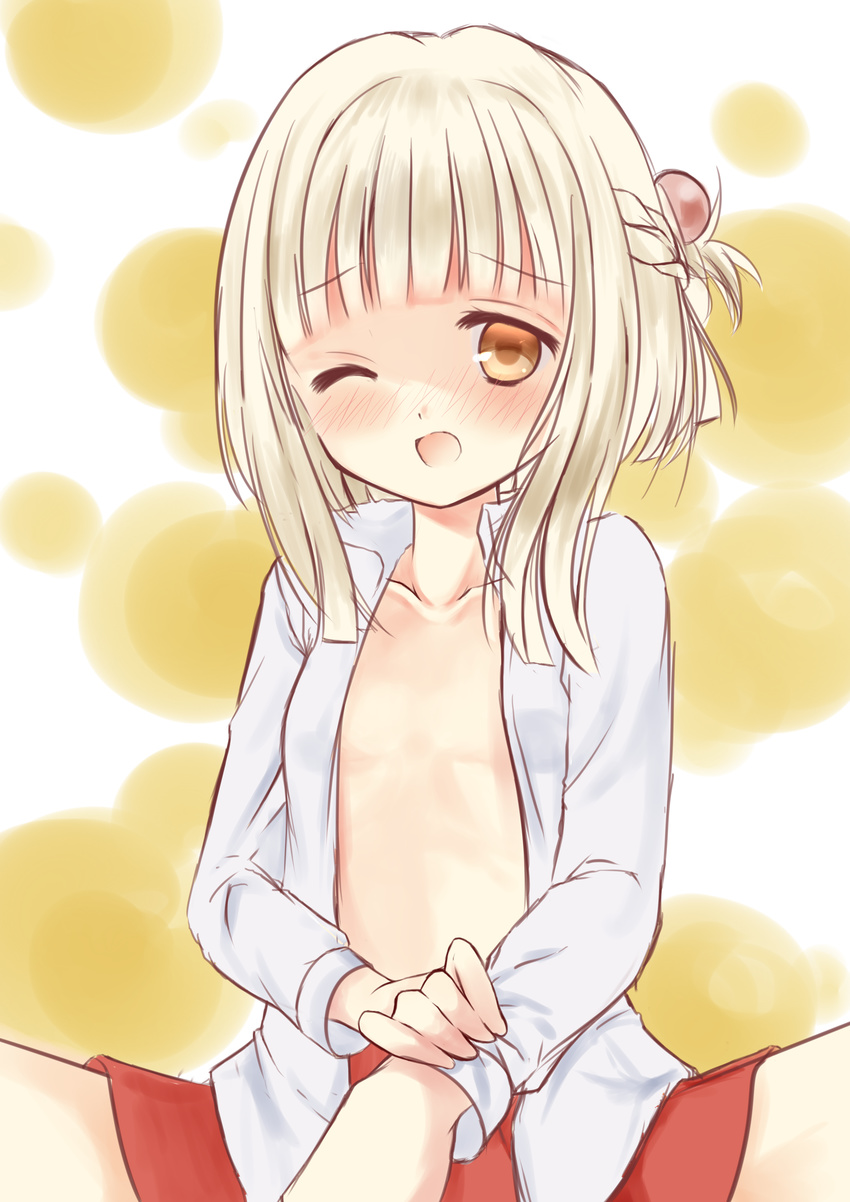 absurdres bad_id bad_pixiv_id blush flat_chest hidamari_sketch highres implied_masturbation kujou_danbo nazuna nose_blush one_eye_closed open_clothes open_mouth open_shirt shirt sitting solo spread_legs