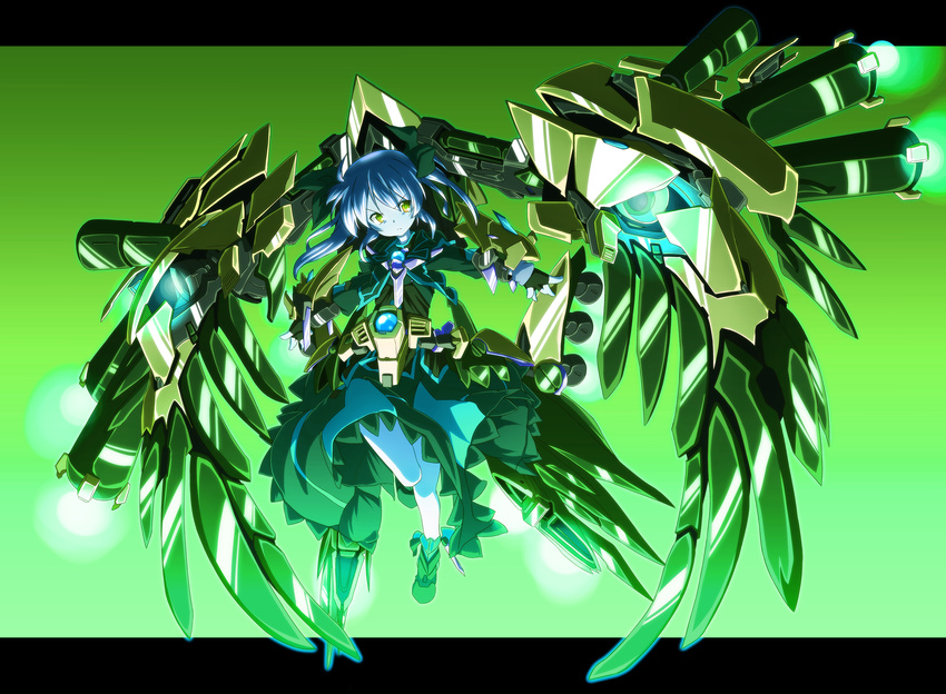 alternate_color alternate_eye_color alternate_hair_color armor blue_hair cropped_jacket full_body gem green green_background green_eyes highres jacket long_skirt long_sleeves looking_at_viewer lyrical_nanoha machinery magical_girl mecha_musume monochrome sapphire_(stone) serious shoes short_hair simple_background skirt solo spot_color takamachi_nanoha tappa_(esperanza) twintails wing_gundam_zero_custom yellow_eyes