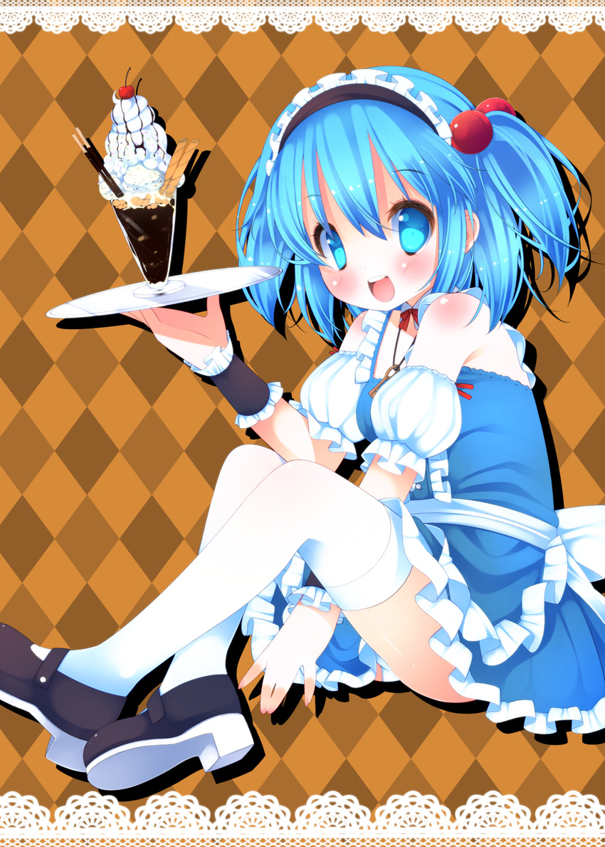 adapted_costume alternate_costume apron bare_shoulders blue_dress blue_eyes blue_hair blush body_blush breasts cherry choker cup dessert detached_sleeves dress enmaided eyelashes fingernails food frilled_sleeves frills fruit hair_bobbles hair_ornament highres ice_cream jewelry kawashiro_nitori key looking_at_viewer maid maid_apron maid_headdress mary_janes medium_breasts nail_polish necklace no_hat no_headwear panties pantyshot pantyshot_(sitting) pocky puffy_sleeves ribbon_choker sash shoes short_hair short_twintails sitting solo sundae thighhighs touhou tray twintails two_side_up underwear wafer_stick waist_apron white_legwear white_panties wrist_cuffs zefa_(neoaltemice)