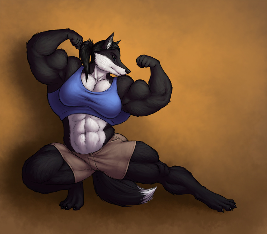 abs biceps black_fur black_hair canine clothed clothing female flexing fox fur hair mammal muscles muscular_female pose solo sugarboy
