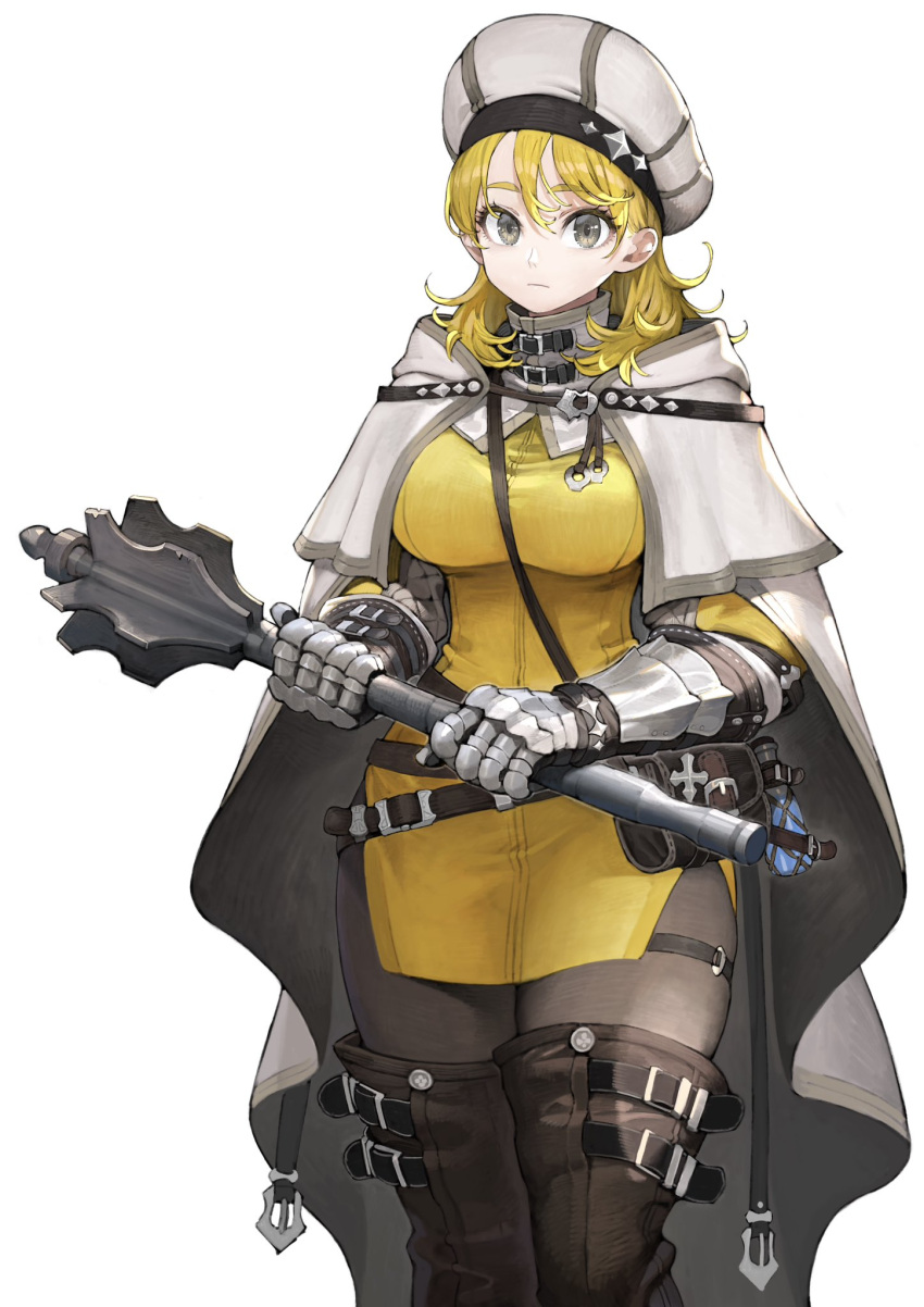 1girl armor belt belt_buckle belt_pouch beret black_belt black_boots black_pantyhose blonde_hair boots breasts brown_eyes buckle cape closed_mouth commentary cowboy_shot expressionless eyelashes fantasy flanged_mace gambeson gauntlets gradient_eyes grey_eyes hair_between_eyes hands_up hat highres holding holding_mace holding_weapon jun_(navigavi) large_breasts long_sleeves looking_at_viewer mace making-of_available medium_hair multicolored_eyes nose original pantyhose pouch shirt simple_background skindentation solo standing taut_clothes taut_shirt thigh_belt thigh_boots thigh_strap vial weapon white_background white_cape white_hat yellow_shirt