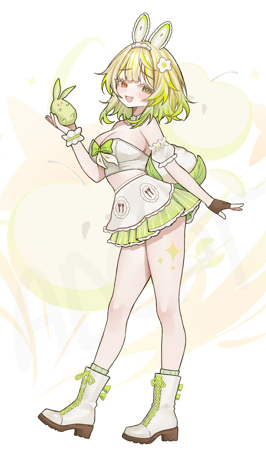 1girl absurdres adoptable animal_ears apple bare_shoulders blonde_hair blush boots bow breasts brown_eyes brown_gloves cleavage commentary creature english_commentary eyelashes fang fingerless_gloves flower food fruit full_body gloves green_bow green_eyes green_hair hair_flower hair_ornament heterochromia highres holding holding_creature leaf miclipse midriff multicolored_hair open_mouth original rabbit_ears rabbit_girl rabbit_tail single_fingerless_glove skin_fang skirt smile solo standing tail two-tone_hair white_background white_boots white_skirt