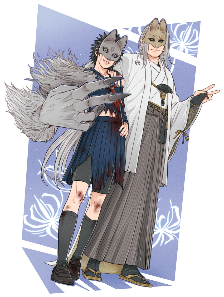 2boys black_hair black_shoes black_socks blue_serafuku blue_skirt bruise bruise_on_knee bruise_on_leg commentary cosplay crisis_core:_final_fantasy_vii crylin6 final_fantasy final_fantasy_vii fox_hinako fox_mask fox_mask_(silent_hill) fox_mask_(silent_hill)_(cosplay) full_body grey_hair grey_hakama hakama hakama_pants highres injury japanese_clothes kimono looking_at_viewer male_focus mask multiple_boys pants parted_lips sandals school_uniform sephiroth serafuku shimizu_hinako shimizu_hinako_(cosplay) shoes short_hair silent_hill_(series) silent_hill_f skirt socks spiked_hair standing torn_clothes v white_kimono zack_fair