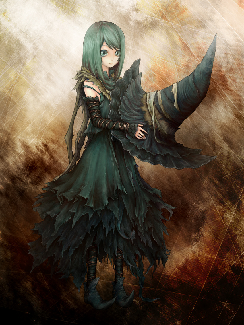 black_hair blue_eyes demon's_souls demon's_souls detached_sleeves dress female from_software hat ise_(pixiv2136520) long_hair pointy_shoes solo souls_(from_software) witch witch_hat yuria_the_witch
