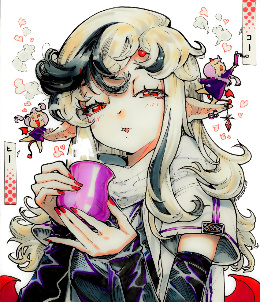 3girls absurdres artist_name black_hair braid coffee commentary_request cup demon_girl demon_tail demon_wings detached_sleeves dress earrings eudetenis fang heart highres holding holding_cup horns hot_drink jewelry light_blush long_hair long_pointy_ears low_twin_braids mini_person minigirl multicolored_hair multiple_earrings multiple_girls open_mouth original pendant_earrings pink_hair pointy_ears purple_dress purple_trim red_eyes red_horns red_nails red_tail red_wings ribbed_scarf scarf shirt short_sleeves short_twintails sidelocks small_horns solo_focus steam steaming_cup tail traditional_media twin_braids twintails two-tone_dress two-tone_hair upper_body white_hair white_scarf white_shirt wings