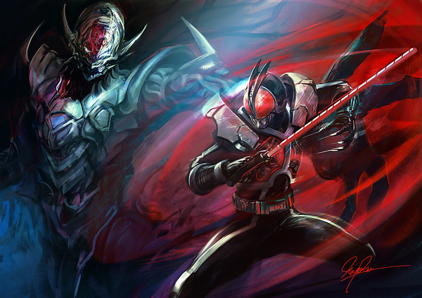 armor bad_id bad_pixiv_id battle belt hayaken kamen_rider kamen_rider_555 kamen_rider_faiz monster rose_orphnoch sword weapon