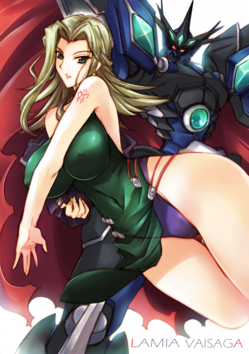 bare_shoulders breasts covered_nipples green_eyes green_hair haganef highres lamia_loveless large_breasts mecha super_robot_wars super_robot_wars_original_generation tattoo vaisaga