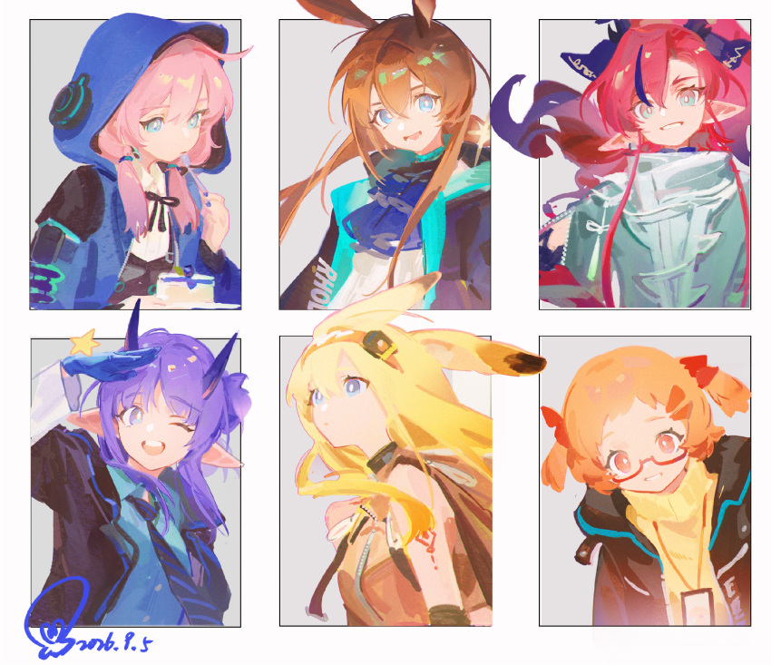1boy 5girls amiya_(arknights) animal_ears arknights ascot beagle_(arknights) black_jacket blonde_hair blue_ascot blue_eyes blue_jacket blue_poison_(arknights) brigid_(arknights) brown_hair chinese_commentary closed_mouth commentary_request dog_ears dog_girl dragon_boy dragon_horns droopy_ears hair_between_eyes hairband hibiscus_(arknights) highres hood hood_down hood_up hooded_jacket horns jacket long_hair looking_at_viewer low_twintails multiple_girls open_clothes open_jacket open_mouth orange_hair pink_hair pointy_ears ponytail purple_eyes purple_hair rabbit_ears rabbit_girl red_hair short_hair smile twintails yu_(arknights) zhangyu_ren