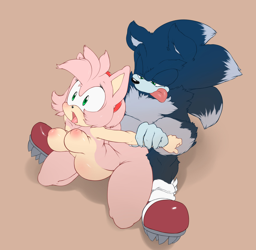 2014 abdominal_bulge amy_rose black_nose blue_fur blue_hair blush boots breasts claws female from_behind fur green_eyes grey_fur hair headband hedgehog hi_res inverted_nipples kneeling male mammal nipples nude open_mouth pink_hair pink_skin sega sex short_hair sonic_(series) sonic_the_hedgehog sonicboom53 straight thighs tongue tongue_out werehog
