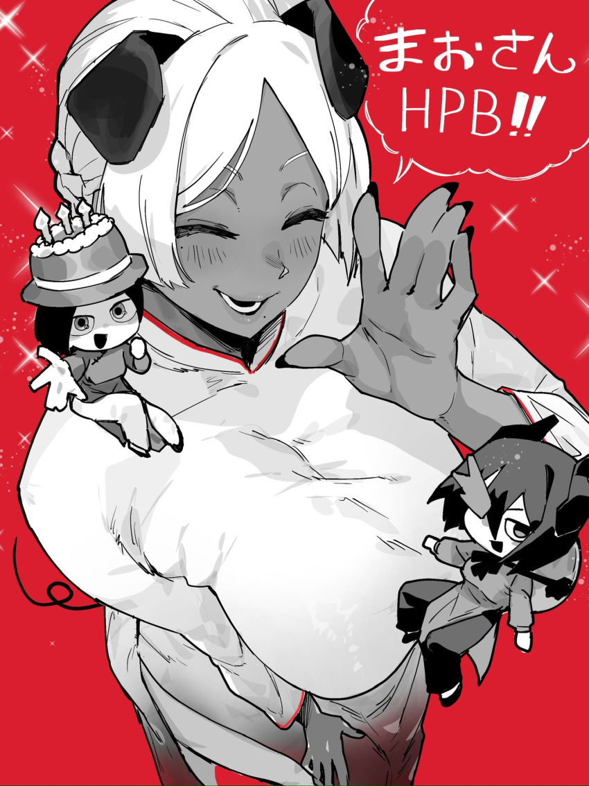 3girls animal_ears ao_dai breasts chibi closed_mouth commentary_request dark-skinned_female dark_skin dress from_above greyscale happy_birthday highres iu15236376 mole mole_under_mouth monochrome mouse_ears mouse_girl mouse_tail multiple_girls open_mouth original pants parted_bangs partially_colored red_background side_slit simple_background smile tail white_dress white_hair white_pants