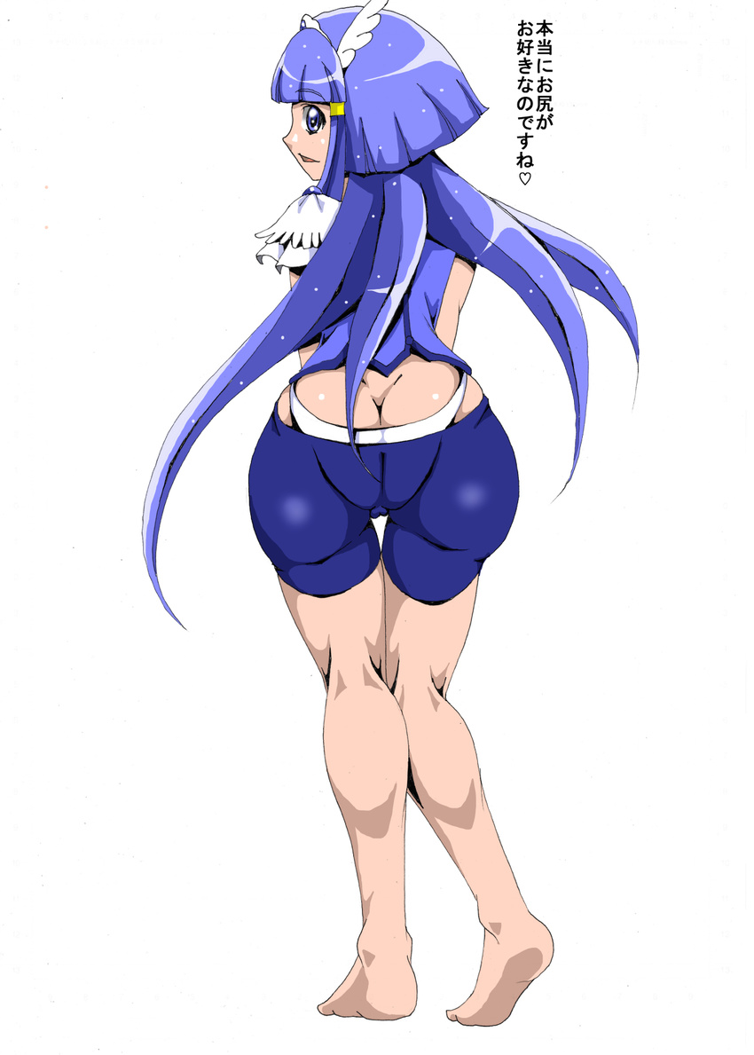 1girl aoki_reika ass barefoot bike_shorts blue_eyes blue_hair butt_crack cure_beauty female from_behind hair_tubes huge_ass long_hair looking_back magical_girl open_mouth panties pantyshot parted_lips precure satokapu smile smile_precure! solo tiara translation_request underwear