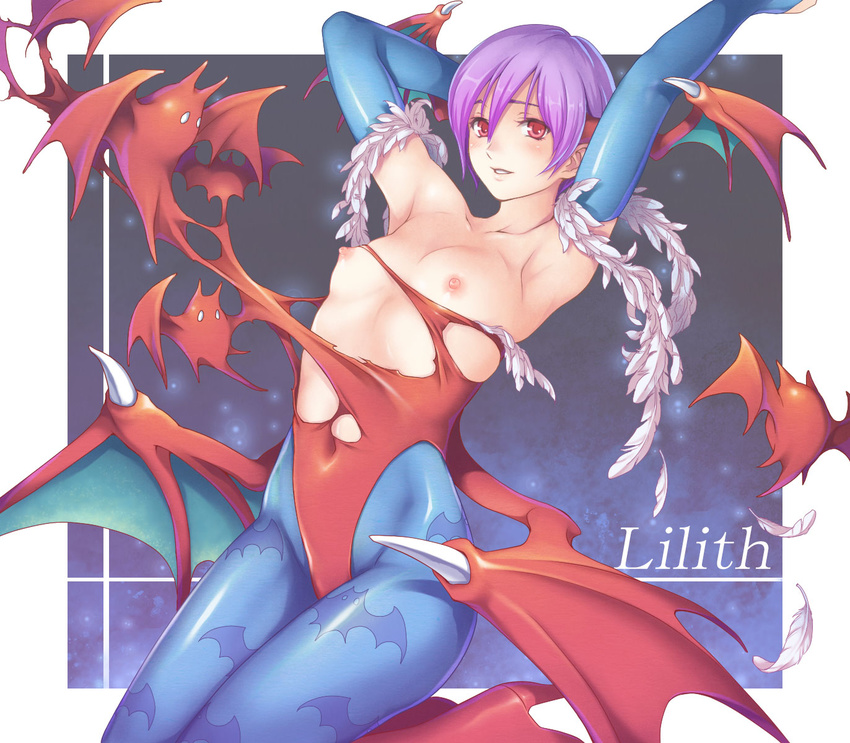 animal_print armpits arms_up bangs bat bat_print bat_wings blue_legwear blush boots breasts breasts_outside bridal_gauntlets character_name covered_navel demon_girl feathers from_side hair_between_eyes hand_behind_head head_wings high_heel_boots high_heels highleg highleg_leotard highres kneeling leotard light_particles lilith_aensland looking_at_viewer low_wings nipples pantyhose print_legwear purple_hair red_eyes red_leotard shiny shiny_clothes short_hair small_breasts smile solo succubus taut_clothes torn_clothes toshi vampire_(game) wings