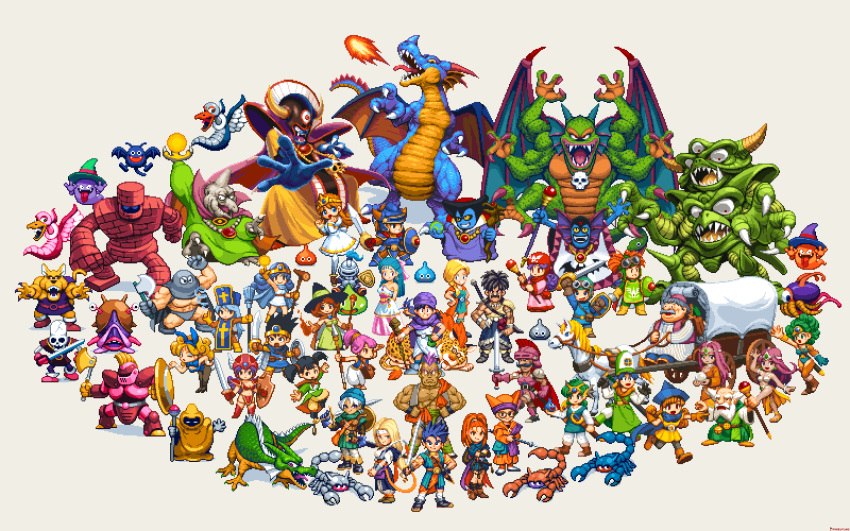 6+boys 6+girls alena_(dq4) animal_ear_hairband animal_ears armor axe baramos barbara_(dq6) beard bianca_(dq5) black_gloves black_hair blonde_hair blue_bow blue_bowtie blue_gloves blue_hair borongo bow bowtie breasts brey brown_gloves brown_hair cape chamoro character_request chimaera_(dragon_quest) cleavage clift commentary copyright_name covered_wagon crossed_arms death_pisaro dracky dragon dragon_lord dragon_quest dragon_quest_i dragon_quest_ii dragon_quest_iii dragon_quest_iv dragon_quest_v dragon_quest_vi dress drohl_drone earrings facial_hair fake_animal_ears fangs fingerless_gloves flora_(dq5) gadabout_(dq3) ghost_(dragon_quest) glasses gloves goggles goggles_on_headwear golem_(dragon_quest) great_sabrecat green_dragon_(dragon_quest) green_hair grey_cape grey_eyes grey_gloves grey_hair hairband hargon hassan_(dq6) hat hero_(dq1) hero_(dq3) hero_(dq4) hero_(dq5) hero_(dq6) heroine_(dq4) highres holding holding_axe holding_polearm holding_staff holding_sword holding_weapon horse jewelry knight_errant_(dragon_quest) lunatick manya_(dq4) metal_slime minea_(dq4) mireyu multiple_boys multiple_girls muscular muscular_male mustache nipples open_mouth orange_eyes orange_hair papas pink_hair pixel_art pixelflag polearm prestidigitator_(dragon_quest) priest_(dq3) prince_of_lorasia prince_of_samantoria princess_laura princess_of_moonbrook purple_eyes purple_hair rabbit_ears roto_(dq3) ryan_(dq4) scorpion_(dragon_quest) she-slime shield sidoh simple_background skeleton_(dragon_quest) slime_(creature) slime_(dragon_quest) smile staff sword terry_(dq6) tiara tongue tongue_out torneko twintails wagon warrior_(dq3) weapon whip white_dress white_hair witch_hat zoma