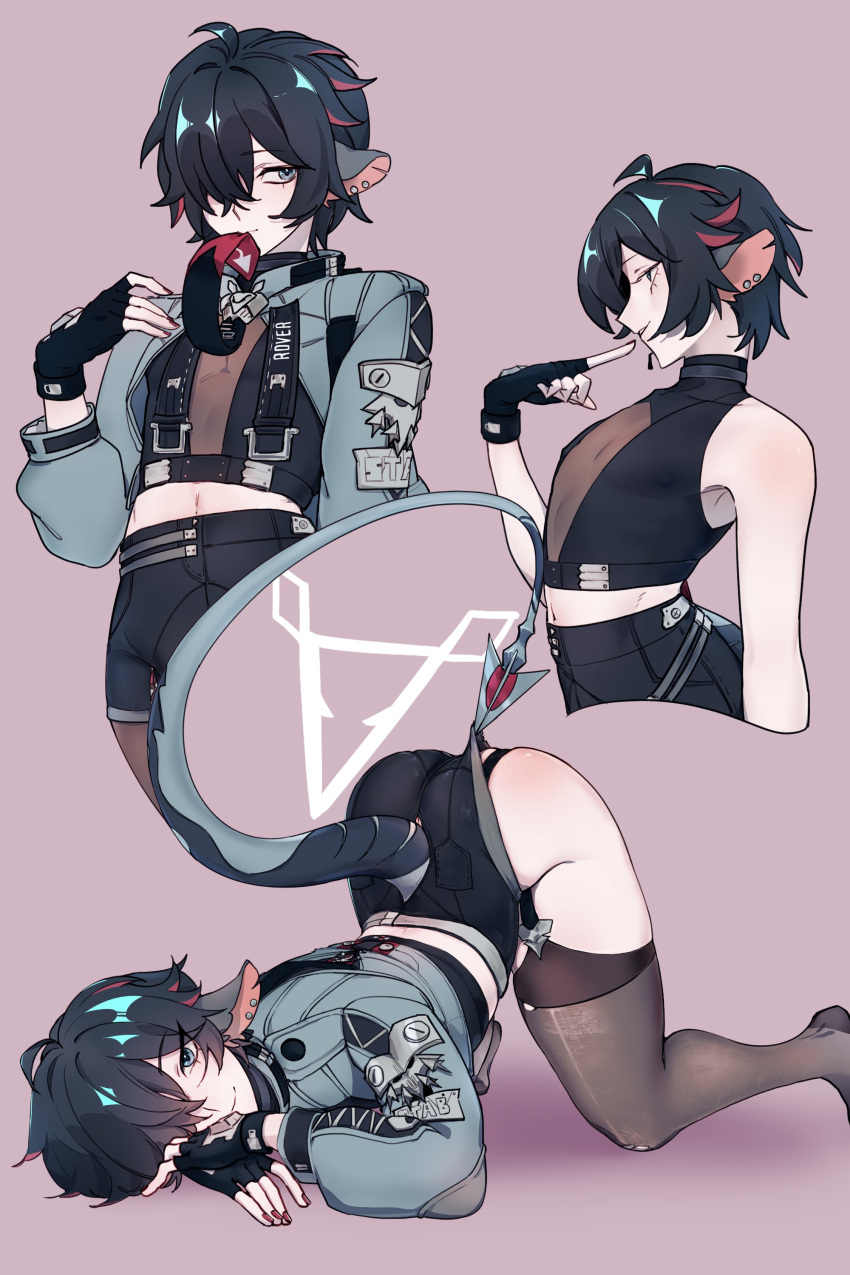 1boy absurdres animal_ears arched_back ass black_hair commentary english_commentary garter_straps genderswap genderswap_(ftm) green_jacket high-waist_shorts highres jacket jane_doe_(zenless_zone_zero) john_doe_(zenless_zone_zero)_(scopeophilia) looking_at_viewer male_focus mouse_boy mouse_ears mouse_tail shorts simple_background single_garter_strap tail top-down_bottom-up trap tryingtoq zenless_zone_zero