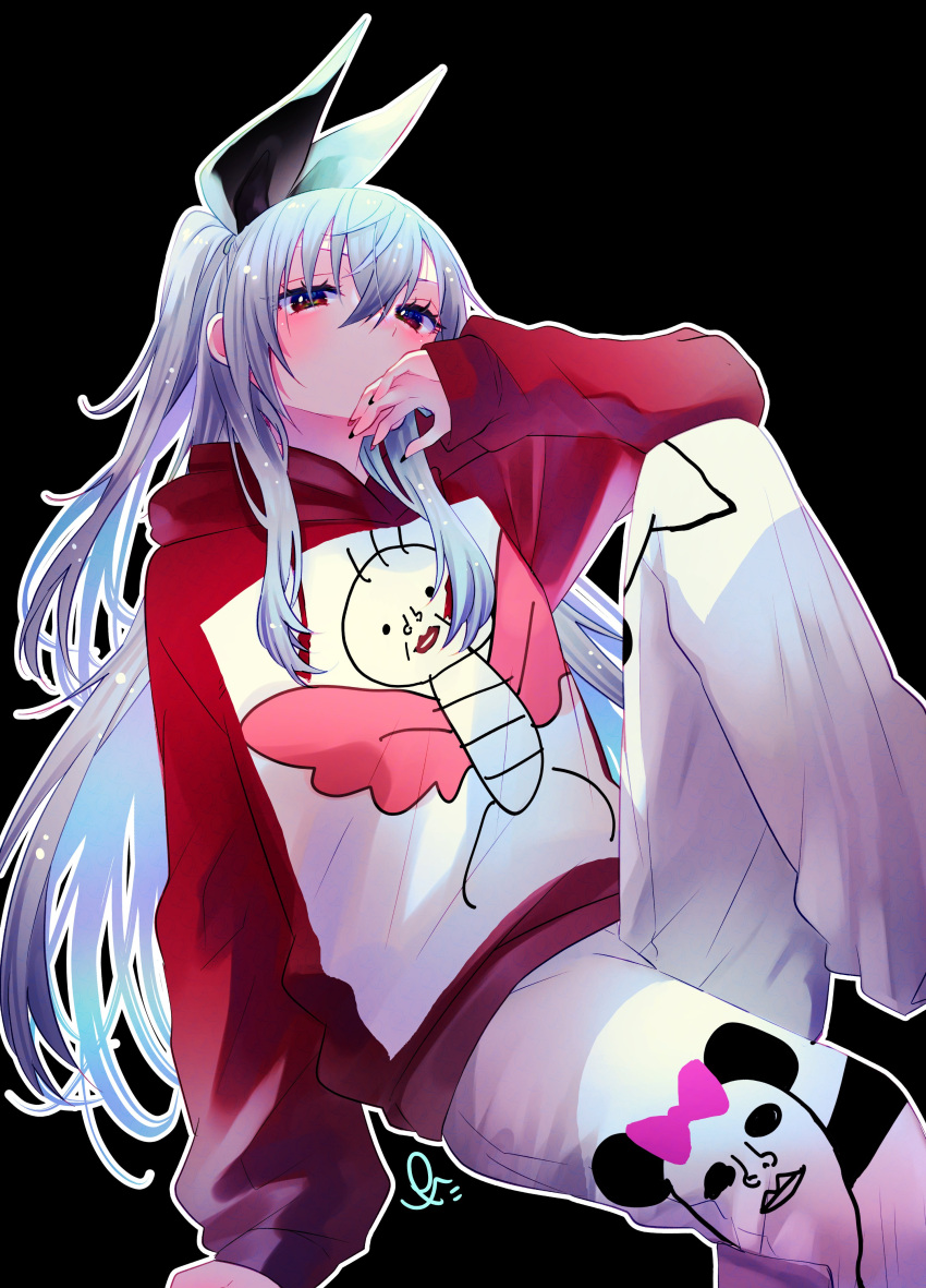 1girl absurdres alternate_costume arm_support black_background black_bow black_nails blush bow casual commentary_request elbow_on_knee grey_hair hair_between_eyes hair_bow highres hololive hololive_dev_is hood hood_down hoodie invisible_chair isaki_riona knee_up long_hair long_sidelocks long_sleeves looking_at_viewer looking_down multicolored_nails nail_polish one_side_up outline pants punta reclining red_eyes red_hoodie red_nails sidelocks simple_background sitting sleeves_past_wrists solo virtual_youtuber white_outline white_pants