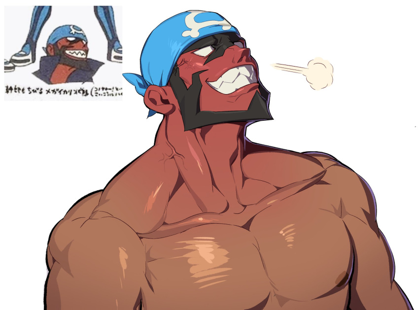 1boy archie_(pokemon) bara beard blank_eyes blush collarbone facial_hair full-face_blush highres large_pectorals male_focus muscular muscular_male nipples pectorals pokemon pokemon_omega_ruby_and_alpha_sapphire reference_inset sharp_teeth simple_background solo teeth veins white_background wubuliang