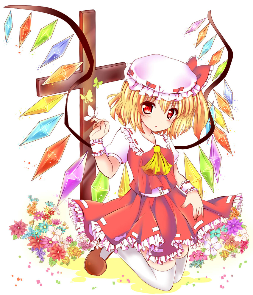 :o blonde_hair bug butterfly cross crystal flandre_scarlet flower hat highres insect kneeling looking_at_viewer ramudia_(lamyun) simple_background solo tombstone touhou white_background wings