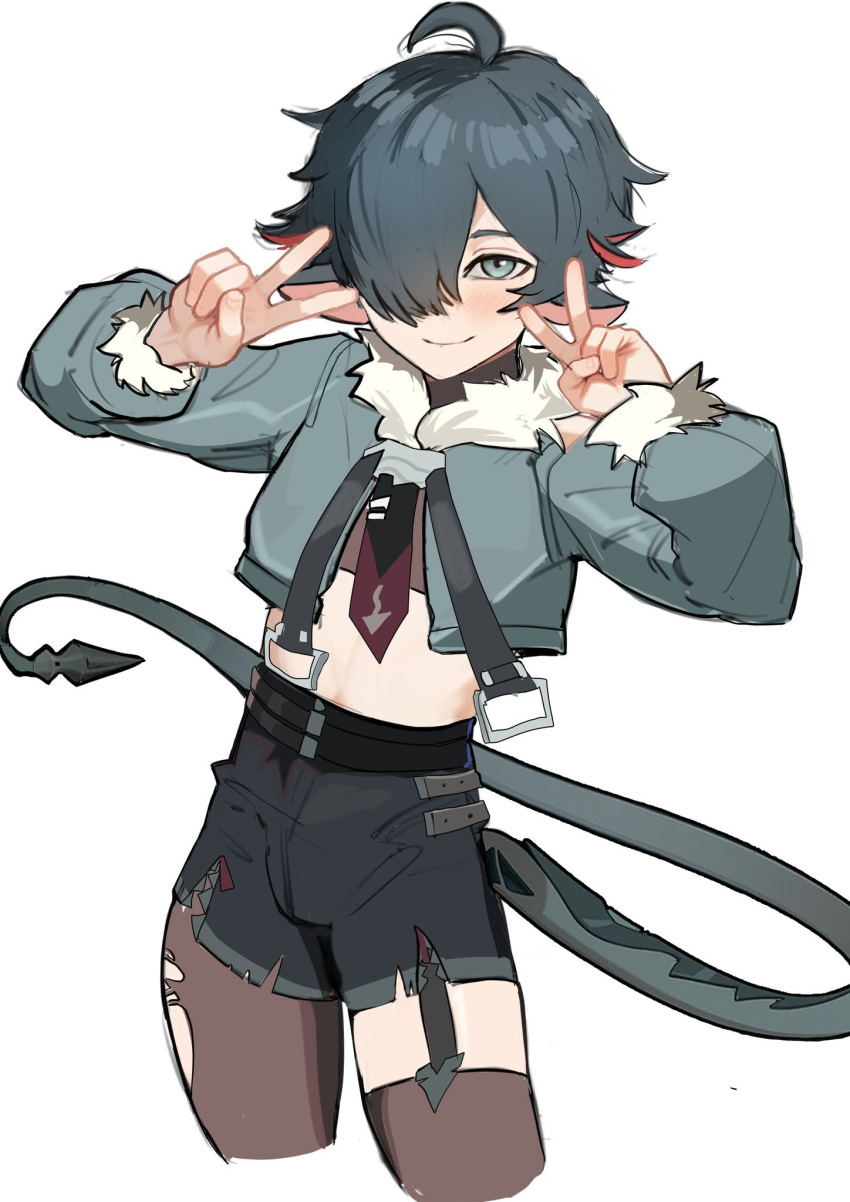 1boy ahoge animal_ears black_hair black_shorts blush crop_top cropped_jacket cropped_legs double_v fur-trimmed_jacket fur_collar fur_trim garter_straps genderswap genderswap_(ftm) grey_eyes hair_over_one_eye high-waist_shorts highres jacket jane_doe_(zenless_zone_zero) john_doe_(zenless_zone_zero)_(scopeophilia) long_sleeves looking_at_viewer male_focus midriff mouse_boy mouse_ears mouse_tail pantyhose puffy_long_sleeves puffy_sleeves seki_san65 sharp_tail short_hair shorts simple_background single_leg_pantyhose smile solo tail torn_clothes torn_pantyhose trap v very_long_tail zenless_zone_zero