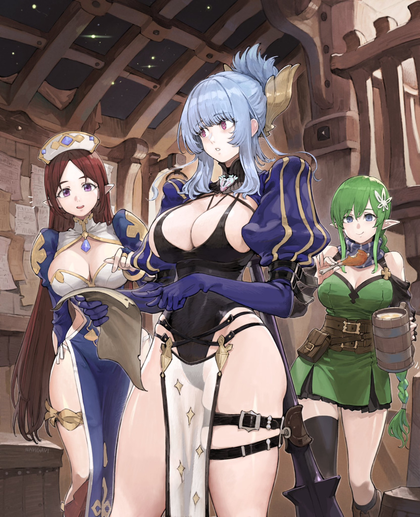 3girls :o :t arm_behind_back artist_name asymmetrical_legwear bare_legs beer_mug belt belt_buckle belt_pouch black_belt black_leotard black_thighhighs blue_eyes blue_hair blue_scarf blunt_bangs blush boots braid braided_ponytail breasts bridal_gauntlets bright_pupils brown_belt brown_boots brown_hair buckle bulletin_board chicken_(food) chicken_leg cleavage cleavage_cutout closed_mouth clothing_cutout collared_dress commentary commission cowboy_shot cup dress elbow_gloves eyelashes fantasy feet_out_of_frame fireflies food forehead full_cleavage gem gloves green_dress green_hair hair_between_eyes hair_bun hair_ornament hair_tie hand_up hands_up hat highres holding holding_cup holding_food holding_paper index_finger_raised indoors juliet_sleeves jun_(navigavi) knee_boots large_breasts leotard long_hair long_sleeves looking_at_another looking_at_object making-of_available mug multiple_belts multiple_girls nose nose_shade notice_lines open_mouth original paper parted_bangs parted_hair parted_lips pelvic_curtain pointing pointing_at_object pointy_ears pouch puffy_sleeves purple_bridal_gauntlets purple_dress purple_eyes purple_gem purple_gloves railing scarf side_cutout sidelocks signature single_braid single_hair_bun single_thighhigh skeb_commission skindentation smile standing striped_clothes striped_scarf tankard tavern teeth thick_thighs thigh_belt thigh_strap thighhighs thighs uneven_legwear upper_teeth_only very_long_braid very_long_hair weapon weapon_on_back white_hat white_pupils wooden_ceiling wooden_railing wooden_wall