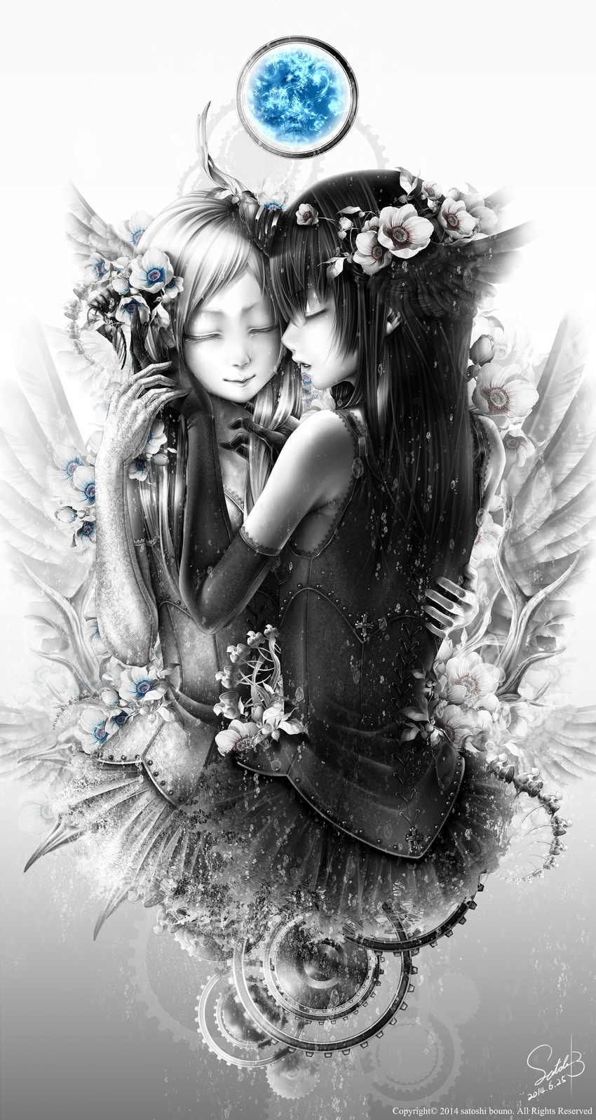 absurdres bad_id bad_pixiv_id black_hair bouno_satoshi bubble closed_eyes dated flower hair_flower hair_ornament highres lips long_hair monochrome multiple_girls original parted_lips signature spot_color tears white_background