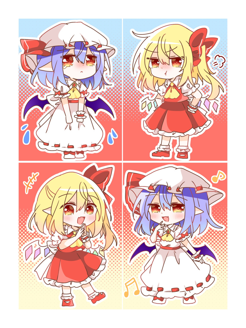 2girls :< :t absurdres ascot bat_wings blonde_hair blue_hair bow brooch chibi chibi_only closed_mouth collared_shirt commentary_request crystal crystal_wings fang flandre_scarlet frilled_shirt_collar frilled_skirt frilled_wrist_cuffs frills hair_bow hat hat_ribbon highres jewelry looking_at_viewer missing_headwear mob_cap multicolored_wings multiple_girls musical_note one_side_up open_mouth pout puff_of_air red_bow red_eyes red_shoes red_skirt red_vest red_wrist_cuffs remilia_scarlet ribbon sad shirt shoes siblings single_wrist_cuff sisters skin_fang skirt skirt_set sleeve_bow smile tearing_up touhou vest wakana1327 white_hat white_shirt white_skirt wings wrist_cuffs yellow_ascot