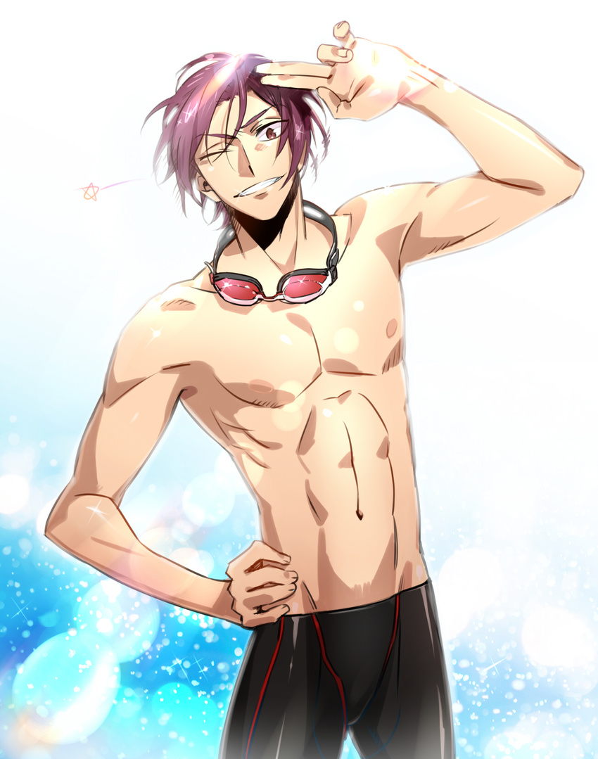 free! goggles goggles_around_neck grin highres male_swimwear matsuoka_rin nrrr one_eye_closed red_eyes red_hair smile swim_trunks swimwear