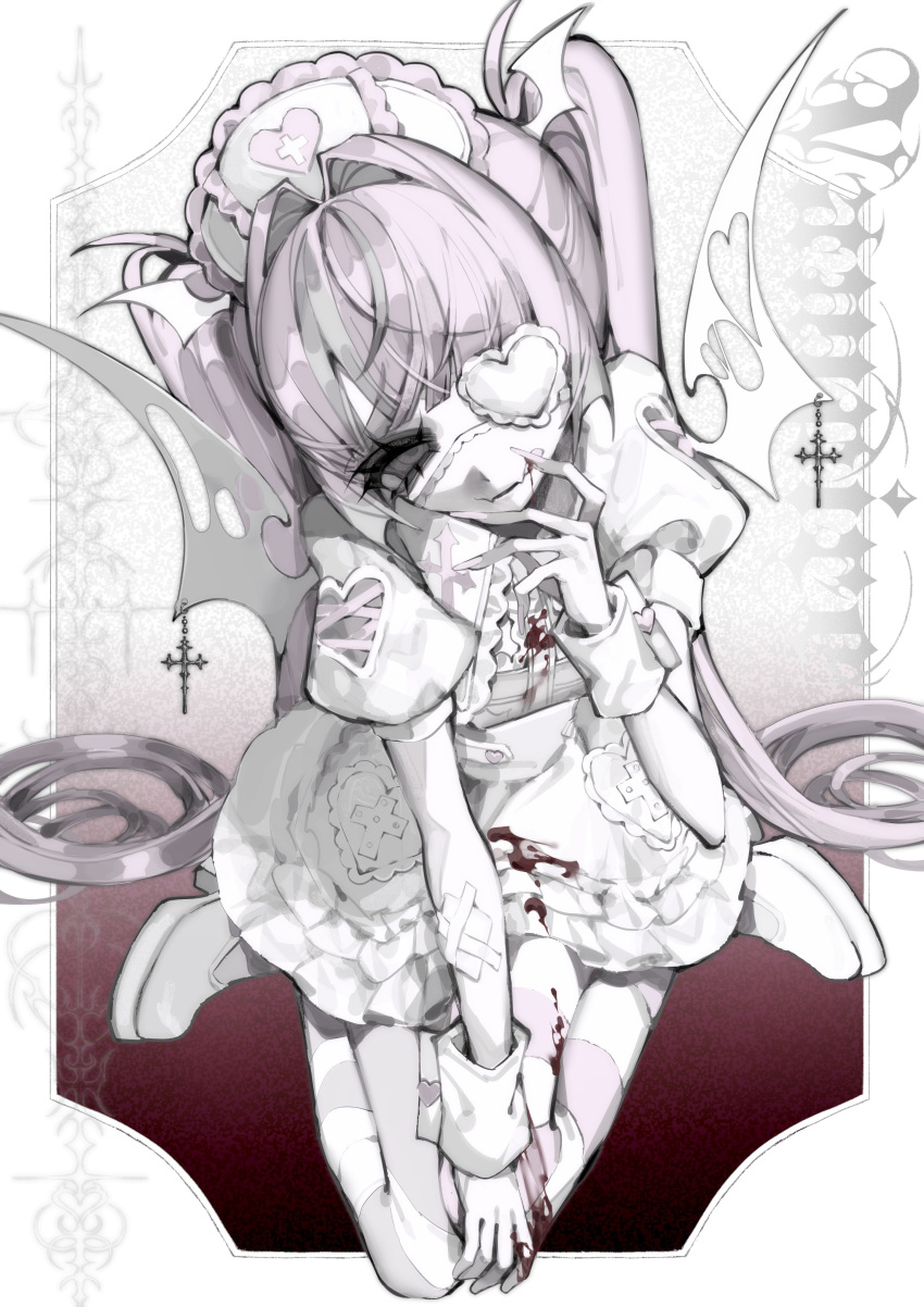 1girl absurdres ankle_boots bandaid bandaid_on_arm bat_wings blood blood_on_clothes blood_on_face boots commentary dress eyelashes eyepatch fangs fingernails grey_streaks hair_intakes hat highres juliet_sleeves long_fingernails long_hair long_sleeves multicolored_hair nurse_cap original pink_hair pink_nails pome_nanoda puffy_sleeves short_dress short_sleeves sitting skin_fangs solo streaked_hair striped_clothes striped_thighhighs thighhighs untranslatable_commentary very_long_hair wariza white_boots white_dress white_wrist_cuffs wings wrist_cuffs