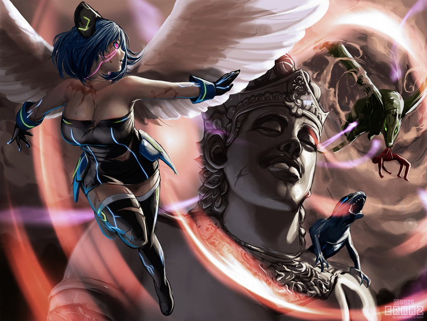 1girl 3others angel_wings black_dress black_gloves black_thighhighs blood blood_on_arm blood_on_chest blood_on_clothes blood_on_face blood_on_neck blue_dress blue_gloves blue_hair blue_thighhighs breasts cleavage commentary dress energy energy_ball energy_beam english_commentary erkaz feathered_wings flying full_body gloves green_dress green_gloves green_thighhighs highres large_breasts lips magical_girl medium_hair multiple_others open_mouth original outdoors outstretched_arms parted_lips red_eyes rina_atherina short_dress signature sleeveless sleeveless_dress strapless strapless_dress teeth thighhighs white_thighhighs wings