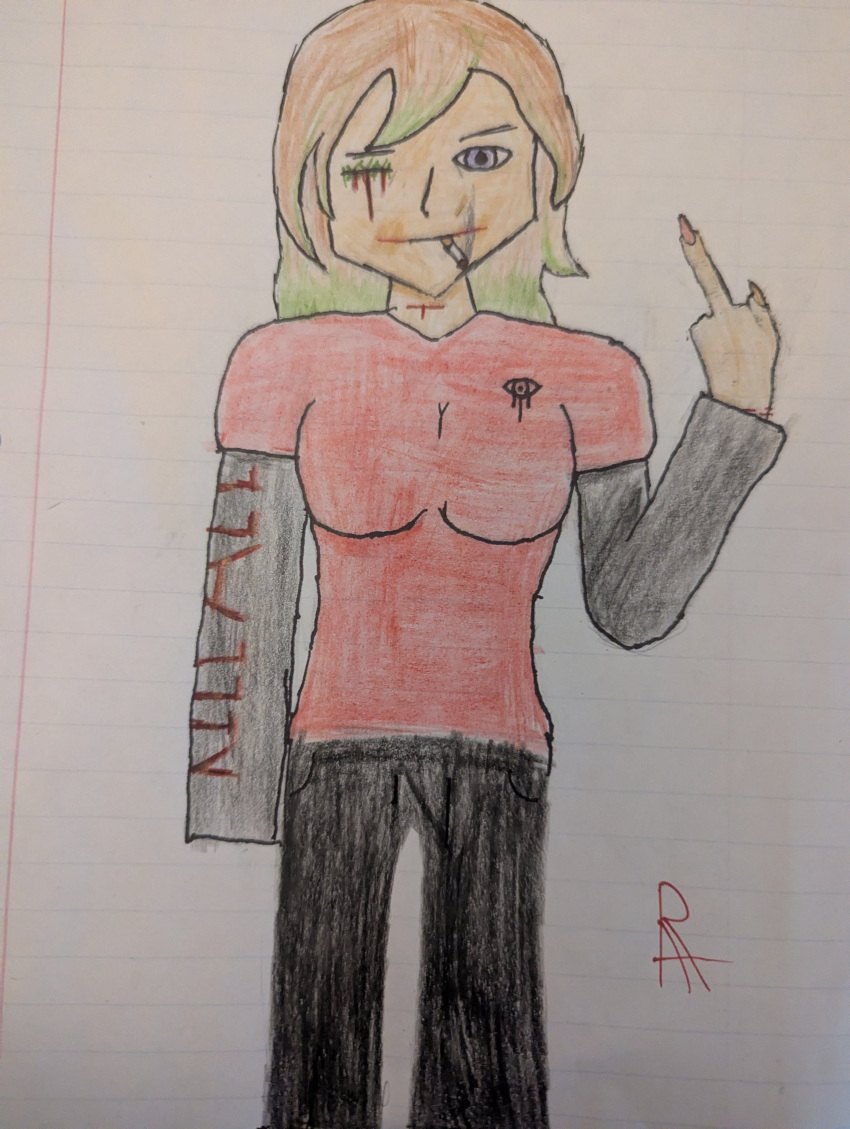 1girl absurdres alternate_hairstyle breasts brown_hair cigarette green_hair highres large_breasts layered_sleeves long_sleeves luna_baker middle_finger pants scar scar_on_face scar_on_neck scared shirt smoking solo stitched_eye