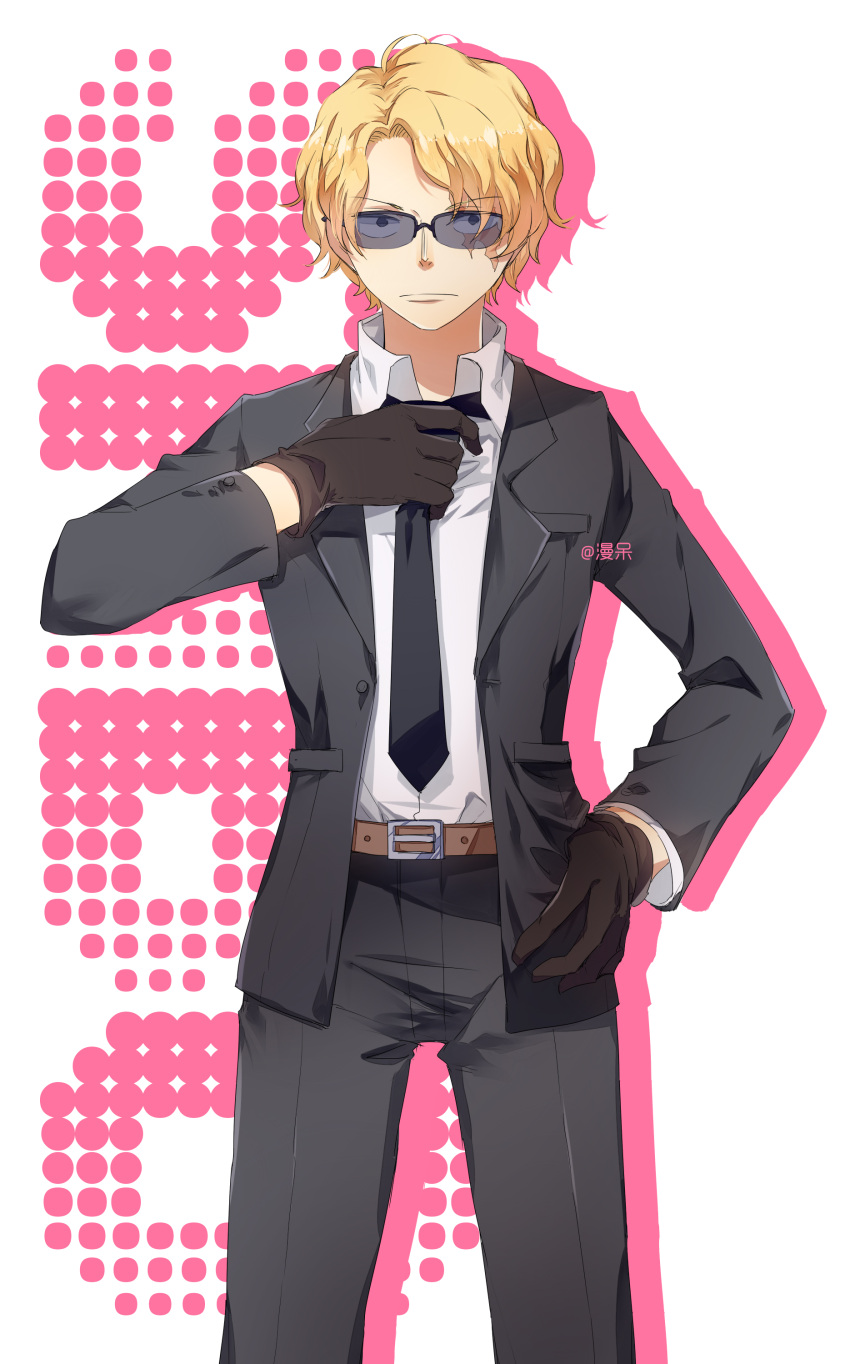 1boy absurdres belt black_gloves black_necktie blonde_hair chinese_commentary closed_mouth collared_shirt colored_shadow commentary_request cowboy_shot fish191101756 gloves hand_on_own_hip highres male_focus necktie one_piece sabo_(one_piece) scar scar_on_face shadow shirt short_hair solo