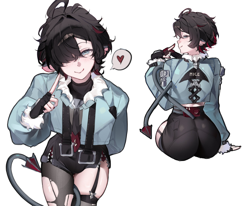 1boy absurdres animal_ears ass black_gloves commentary cropped_legs fingerless_gloves from_behind fur-trimmed_jacket fur_trim garter_straps genderswap genderswap_(ftm) gloves green_eyes green_jacket hair_over_one_eye high-waist_shorts highres jacket jane_doe_(zenless_zone_zero) john_doe_(zenless_zone_zero)_(scopeophilia) kasatkwiw looking_at_viewer male_focus mouse_boy mouse_ears mouse_tail pantyhose rat_boy sharp_tail shorts simple_background single_garter_strap single_leg_pantyhose smile standing tail tail_around_arm torn_clothes torn_pantyhose trap untranslatable_commentary very_long_tail zenless_zone_zero