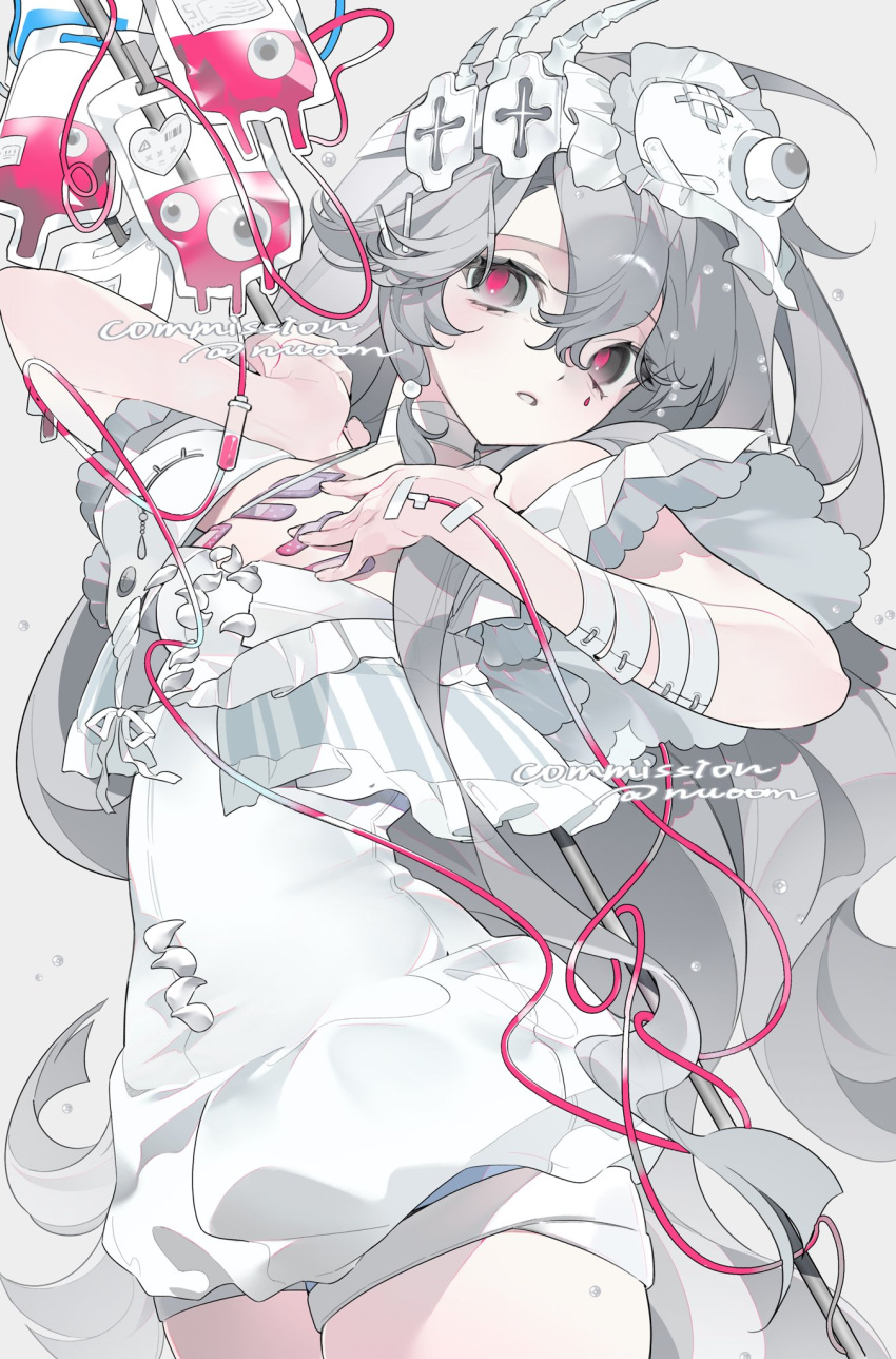 1girl bandaid_on_chest blood blood_splatter character_request commentary commission copyright_request grey_eyes grey_hair hair_ornament highres long_hair nuoom parted_lips pink_pupils shirt shorts simple_background solo transfusion very_long_hair white_background white_shirt